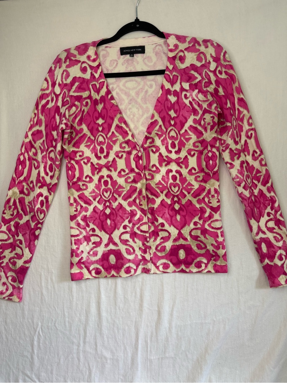 Jones New York Pink & Cream Cotton Blend V-Neck Cardigan XS